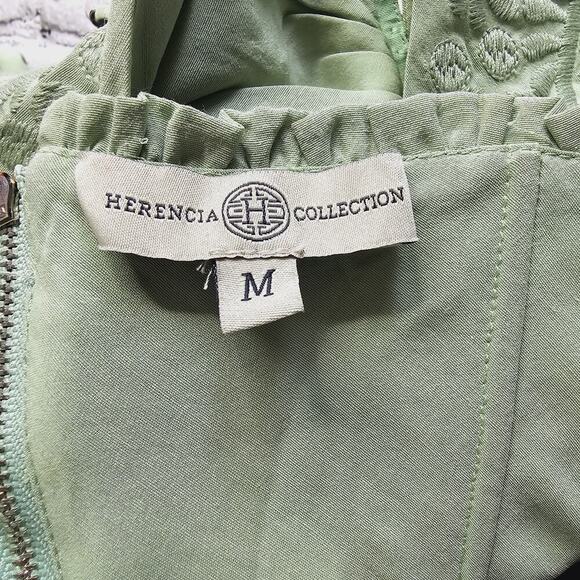 Herencia Collection Green Bustier Crop Top Puff Sleeve Embroidered Detail Size M - Picture 5 of 10